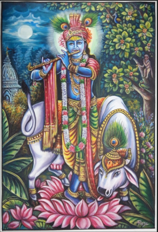 Painting of Lord Krishna Krishna painting  Radha Krishna Painting (ART_7555_61638) - Handpainted Art Painting - 20in X 29in