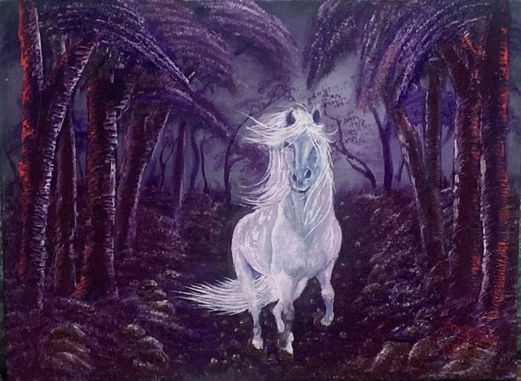 “Mystical White Horse In Enchanted Dark Forest Painting” (ART_8067_61783) - Handpainted Art Painting - 16in X 12in