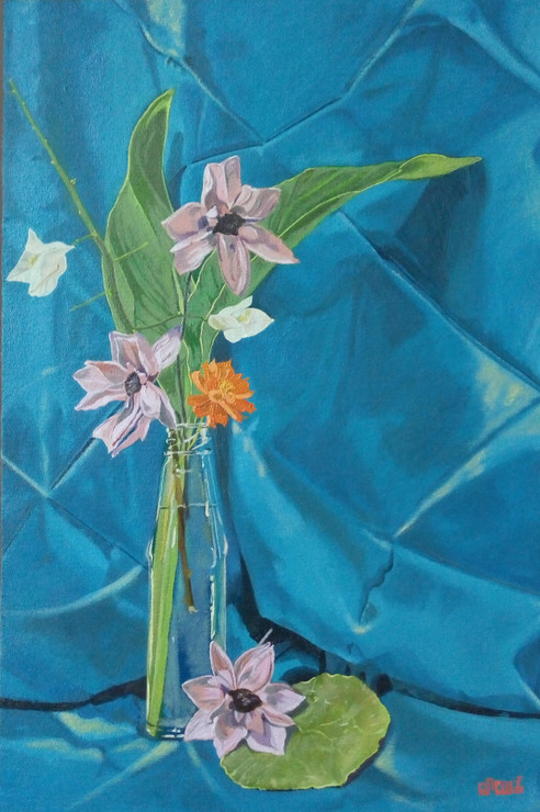 Still life with bougainvillea dry lotus  canna indica and cosmos. (ART_8365_61746) - Handpainted Art Painting - 10in X 20in