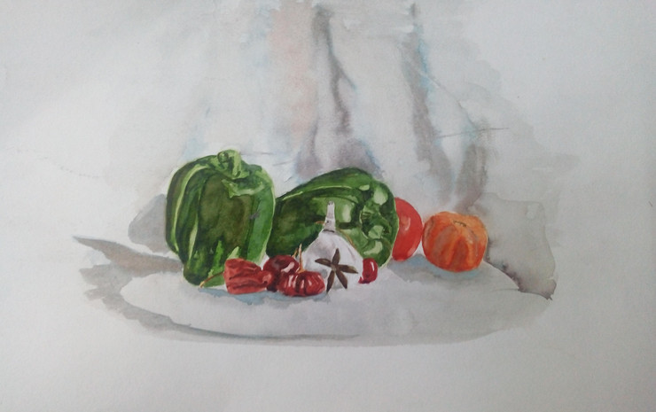 Still life with chillies and tomatoes (ART_8365_61752) - Handpainted Art Painting - 18in X 10in