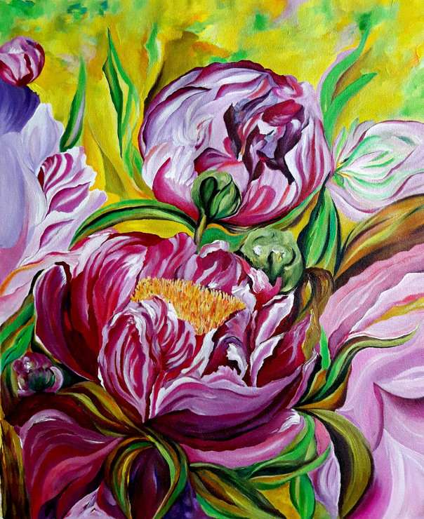 Pink Flower And Buds Painting (ART_8034_61654) - Handpainted Art Painting - 16in X 20in