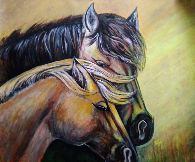 Together a pair of horses (ART_6775_61899) - Handpainted Art Painting - 29in X 24in