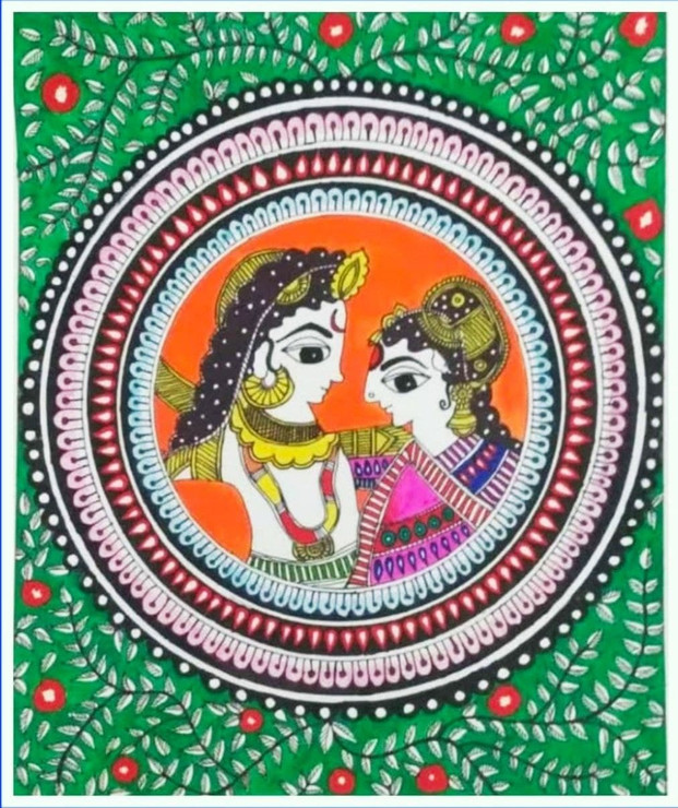 TWO BODIES ONE SOUL MAUDHUBANI PAINTING (RADHA KRISHNA) (PRT_8054_61956) - Canvas Art Print - 11in X 13in