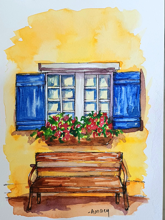 The Bright Blue Window (ART_7989_61994) - Handpainted Art Painting - 8in X 11in