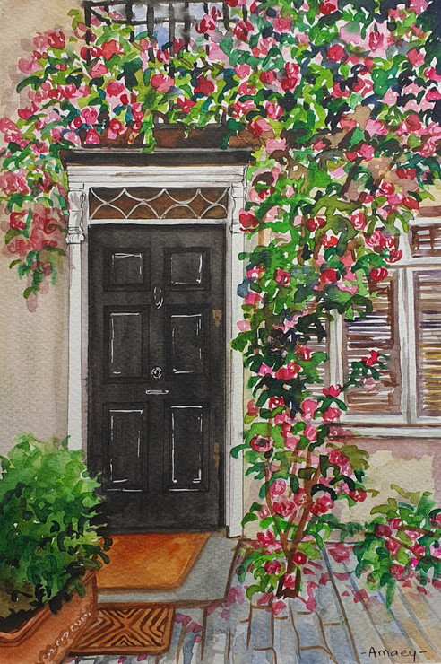 Black door with flowers (ART_7989_61976) - Handpainted Art Painting - 8in X 11in