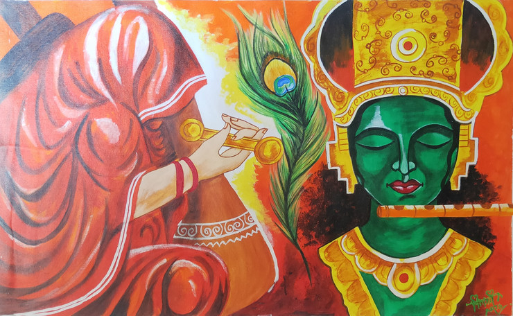 Meera Ke Krishna 3 (ART_8015_58902) - Handpainted Art Painting - 39in X 24in