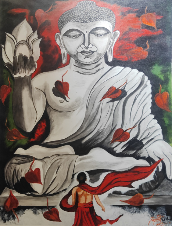 Lord Buddha with monk - 10 (ART_8015_58733) - Handpainted Art Painting - 30in X 39in