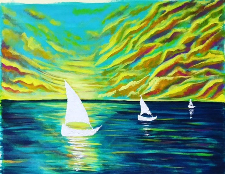 Sailing with clouds  (ART_8126_62120) - Handpainted Art Painting - 28in X 22in