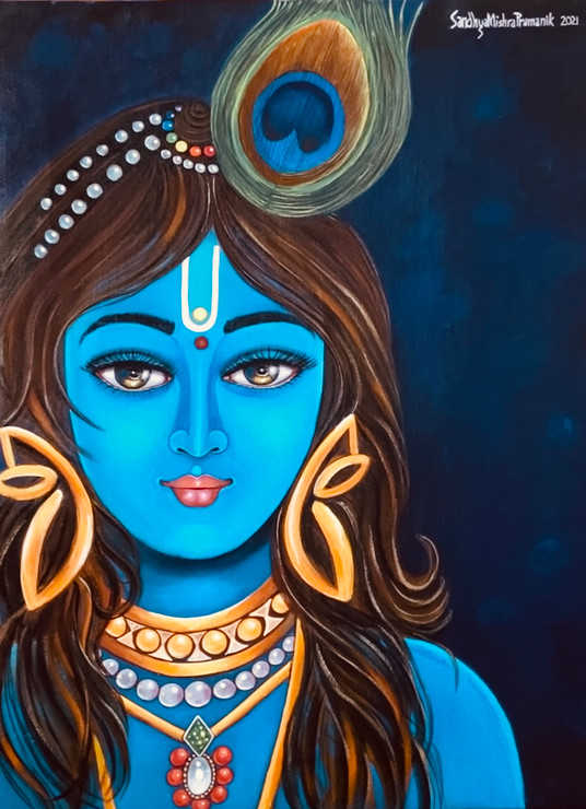 Krishna (ART_8370_62104) - Handpainted Art Painting - 16in X 20in