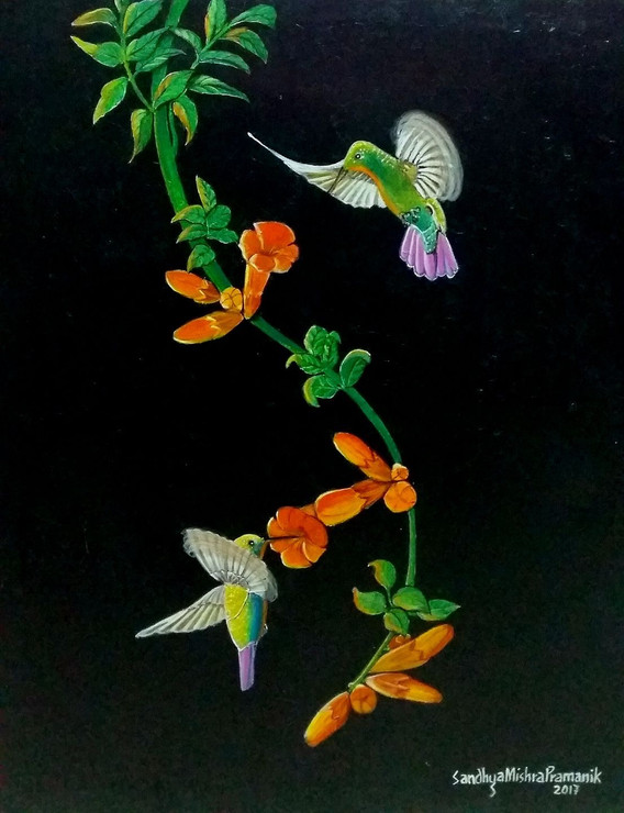 The humming birds (ART_8370_62100) - Handpainted Art Painting - 20in X 24in