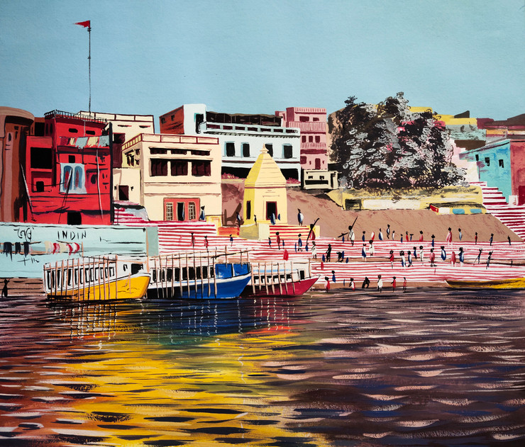 Varanasi (ART_329_62090) - Handpainted Art Painting - 23in X 19in