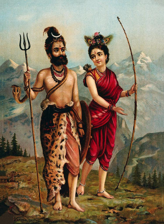 Shiva As A Kirat tribal Bhil Huntsman With A Huntswoman By Raja Ravi Varma (PRT_10913) - Canvas Art Print - 15in X 20in