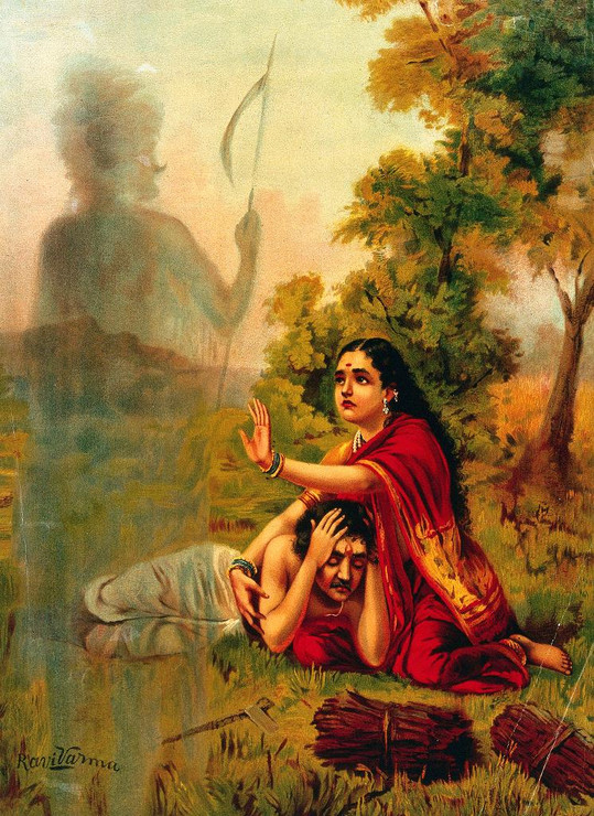 Savitrƒ´ Pleading With Yama For Her Husband, SatyavƒÅn's Life By Raja Ravi Varma (PRT_10919) - Canvas Art Print - 15in X 21in