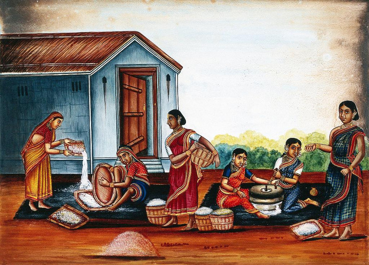 Women Grinding And Sieving Grain Into Flour By An Indian Artist (PRT_10942) - Canvas Art Print - 20in X 14in