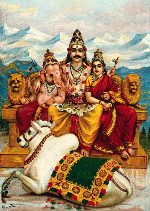 Shiva, Parvati And Ganesha Enthroned On Mount Kailas With Nandi The Bull By Raja Ravi Varma (PRT_10927) - Canvas Art Print - 15in X 21in