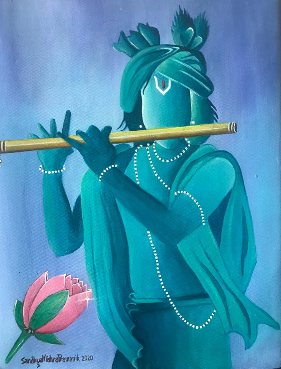 Krishna Playing Flute Blue (ART_8370_62266) - Handpainted Art Painting - 12in X 15in