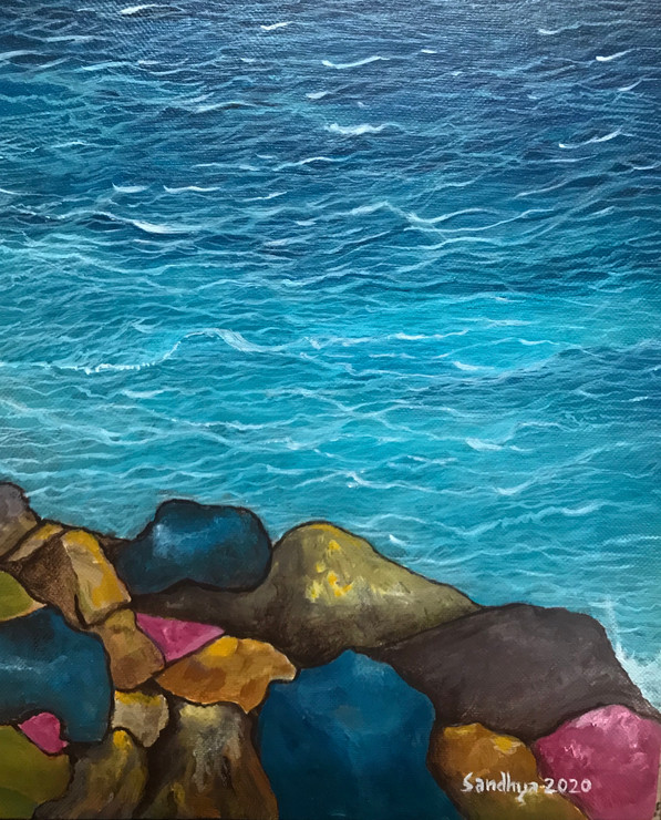 Ocean and stones (ART_8370_62253) - Handpainted Art Painting - 10in X 12in