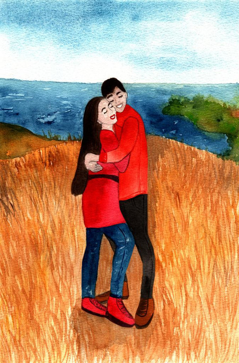 Happy Couple In Love Hugging On A Hill By The Ocean Watercolor Love Story Postcard,card,poster (PRT_10977) - Canvas Art Print - 23in X 35in