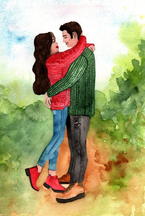 Couple In Love Hugs In The Garden Watercolor Love Story Postcard,card,poster (PRT_10978) - Canvas Art Print - 24in X 35in