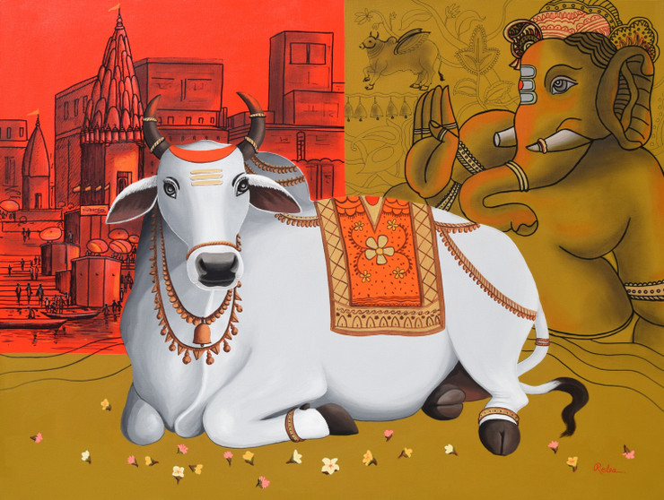 Nandi on Banaras Ghat (ART_7775_62471) - Handpainted Art Painting - 48in X 36in