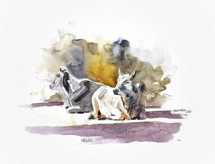 Resting cows in the middle of the streets of India (ART_8386_62375) - Handpainted Art Painting - 12in X 9in