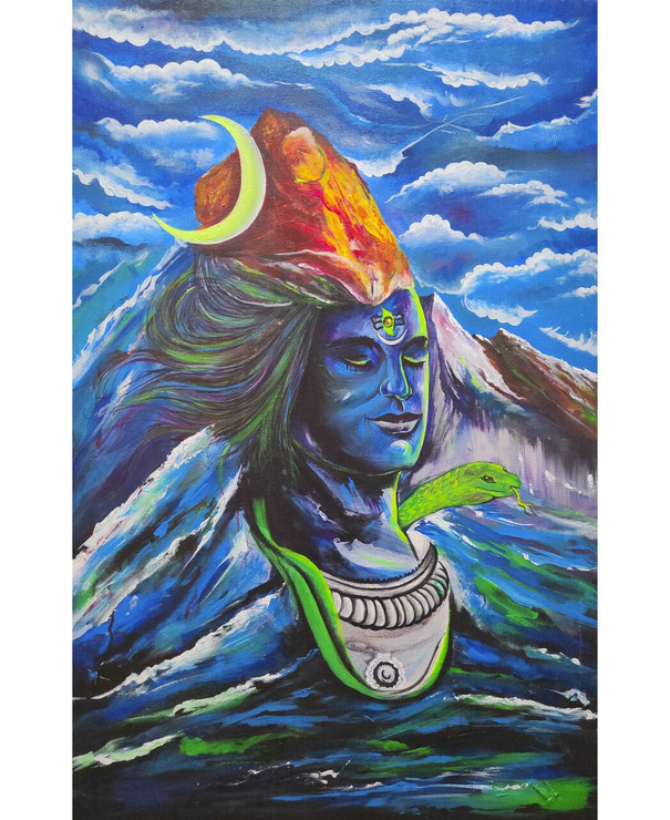 THE HIMALAYAN KING LORD SHIVA (ART_8367_61762) - Handpainted Art Painting - 39in X 25in