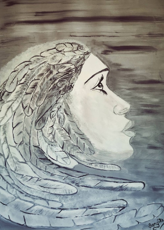 The Feather Girl (ART_8037_62526) - Handpainted Art Painting - 12in X 16in