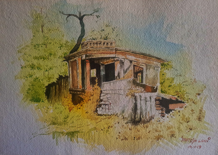 Old Home With Greenery (ART_8116_62605) - Handpainted Art Painting - 16in X 12in