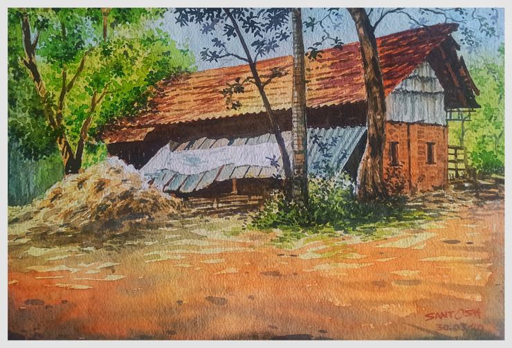 Village Greenery (ART_8116_62600) - Handpainted Art Painting - 15in X 11in