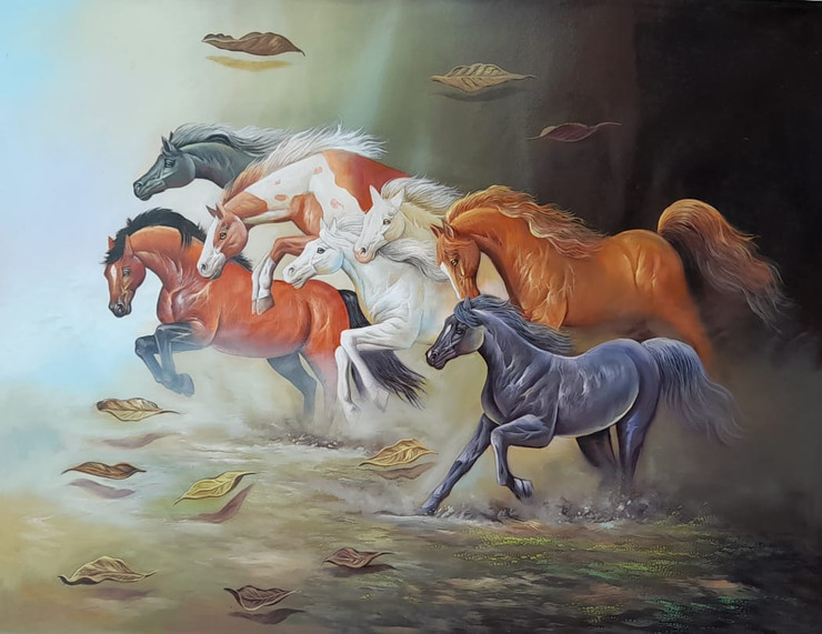 7 Horses Running On desert by Artoholic (ART_3319_62739) - Handpainted Art Painting - 36in X 24in