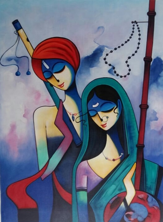 The Divine Radha Krishna by Artoholic (ART_3319_62738) - Handpainted Art Painting - 36in X 24in