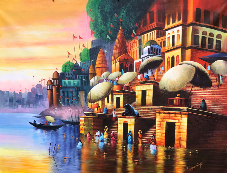 Banaras ghat painting  (ART_6706_62729) - Handpainted Art Painting - 48in X 36in