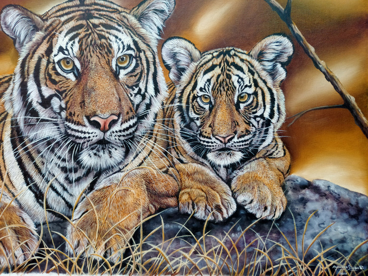The tiger cub with his mother (ART_7857_62625) - Handpainted Art Painting - 36in X 24in