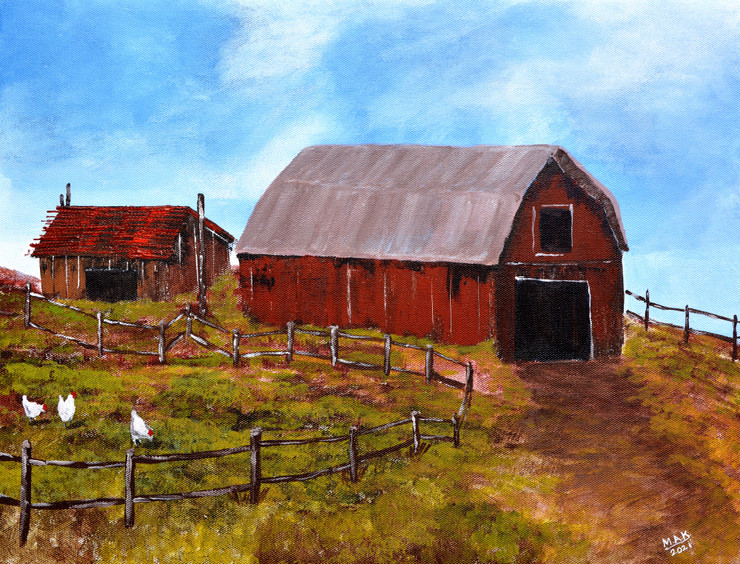 Red Old Barn (ART_7844_62613) - Handpainted Art Painting - 18in X 14in