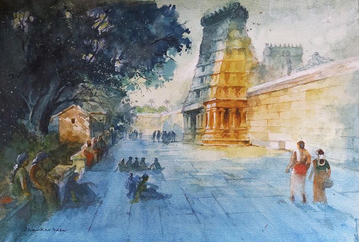 TEMPLE GOPURAM (ART_662_62635) - Handpainted Art Painting - 17in X 11in