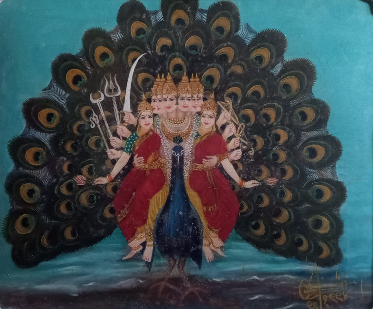 Bhagwan Kartikeya with his wives - Valli and Devasena (ART_7819_62778) - Handpainted Art Painting - 30in X 24in