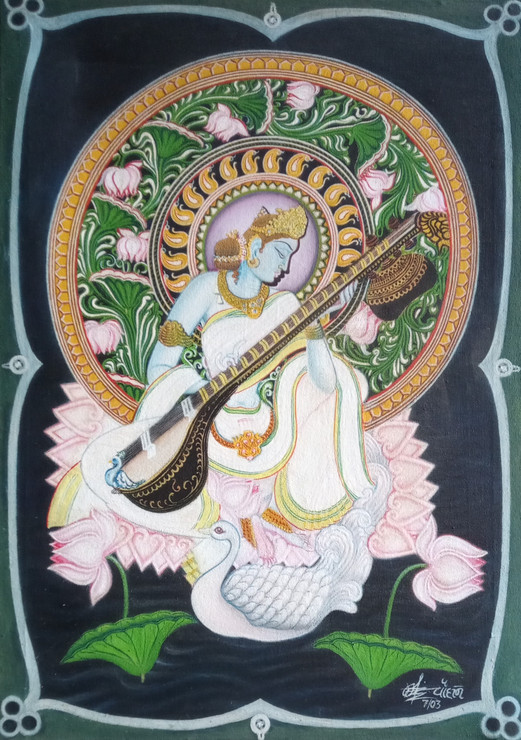 Vina Vadani - Mother Saraswati  (ART_7819_62776) - Handpainted Art Painting - 36in X 48in