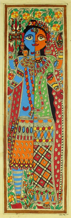 Ardhnareshwar shiva and Parvati (ART_8416_63408) - Handpainted Art Painting - 8in X 23in