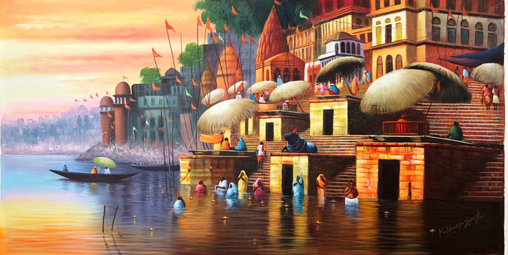 Banaras ghat painting  (ART_6706_62952) - Handpainted Art Painting - 48in X 24in