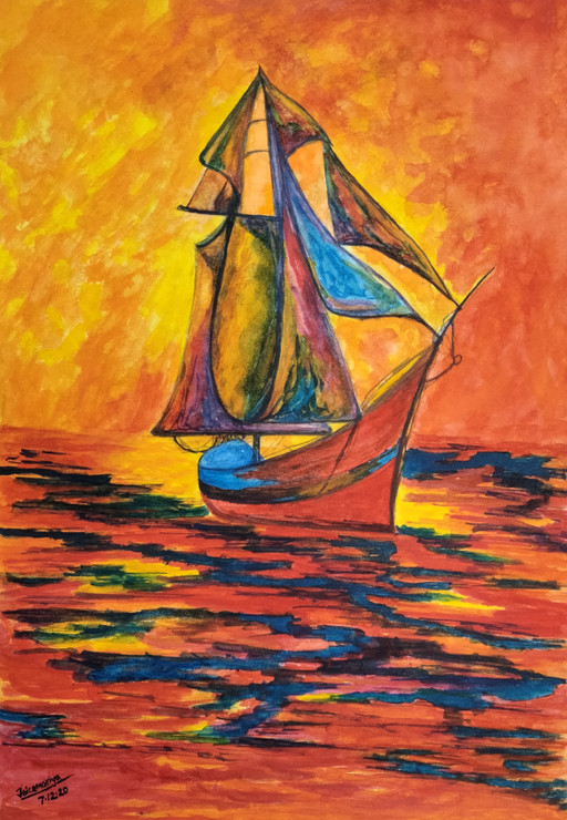 A Huge Sail ship Cross the Ocean (ART_8401_62935) - Handpainted Art Painting - 8in X 11in