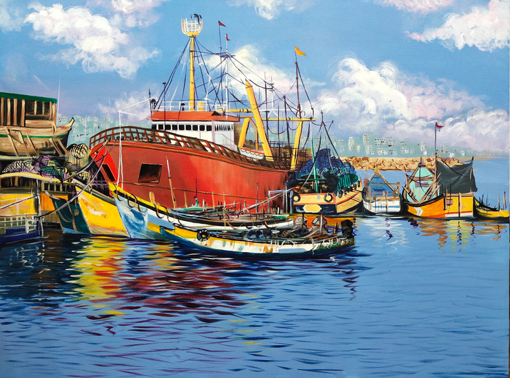 Vizag harbour (ART_329_62933) - Handpainted Art Painting - 48in X 36in