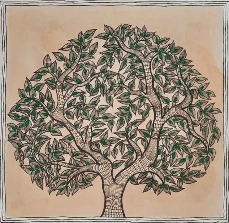 Madhubani Tree of Life-2 (ART_2399_63568) - Handpainted Art Painting - 7in X 7in