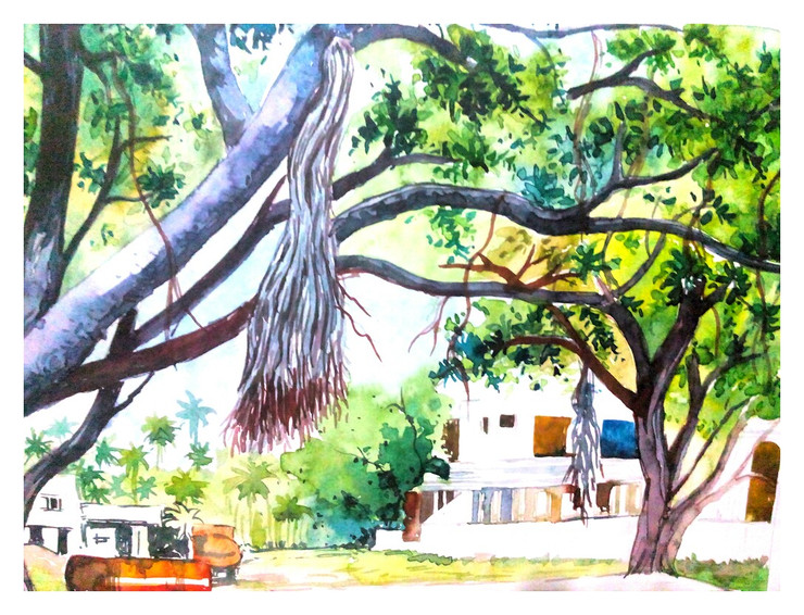 landscape, temple, temple painting, scenary, cityscape, tree, old tree, car, bus, home