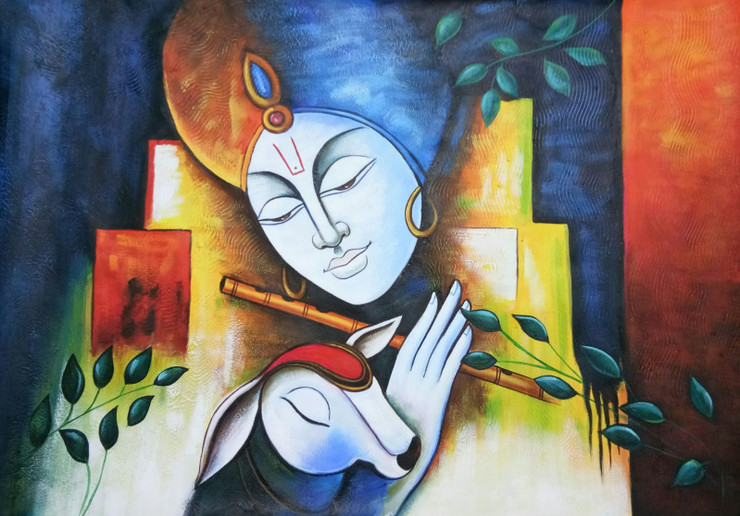 LORD KRISHNA WITH COW BY ARTOHOLIC (ART_3319_63548) - Handpainted Art Painting - 36in X 24in