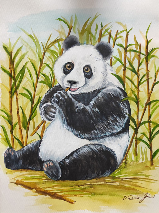 The hungry Panda (ART_3827_63807) - Handpainted Art Painting - 12in X 16in