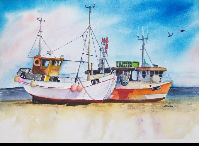 Twin boats (ART_8427_63796) - Handpainted Art Painting - 15in X 11in