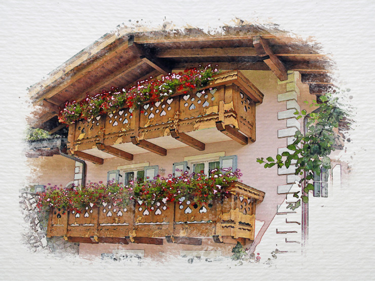 Traditional Alpine House With Flowers On Balcony In Summer Landscape (PRT_7809_63776) - Canvas Art Print - 36in X 26in