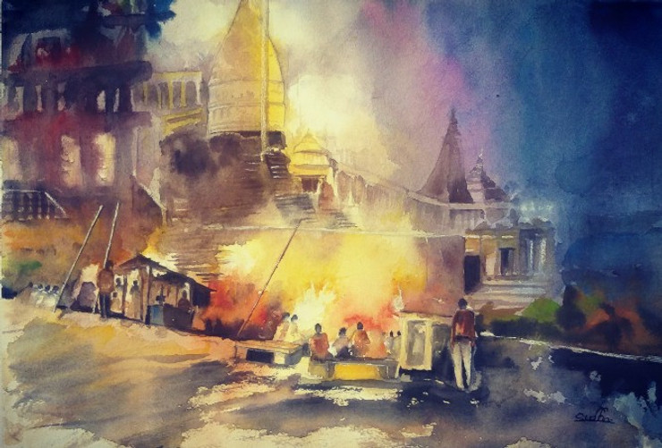 Varanasi ghat. (ART_8427_63742) - Handpainted Art Painting - 15in X 11in