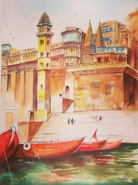 Varanasi ghat. (ART_8427_63741) - Handpainted Art Painting - 11in X 15in