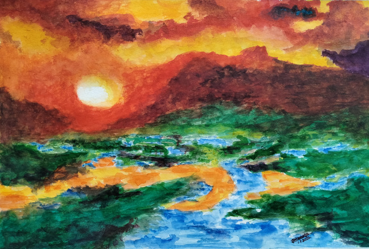 Sun Rise- The Blue River (ART_8401_63738) - Handpainted Art Painting - 15in X 10in